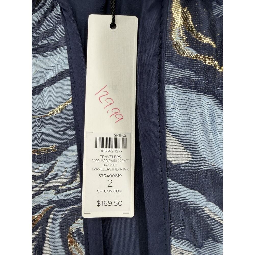 NEW Chico's Blazer Jacket 2 US Large Travelers Jacquard Blue Gold Swirl - Picture 4 of 7